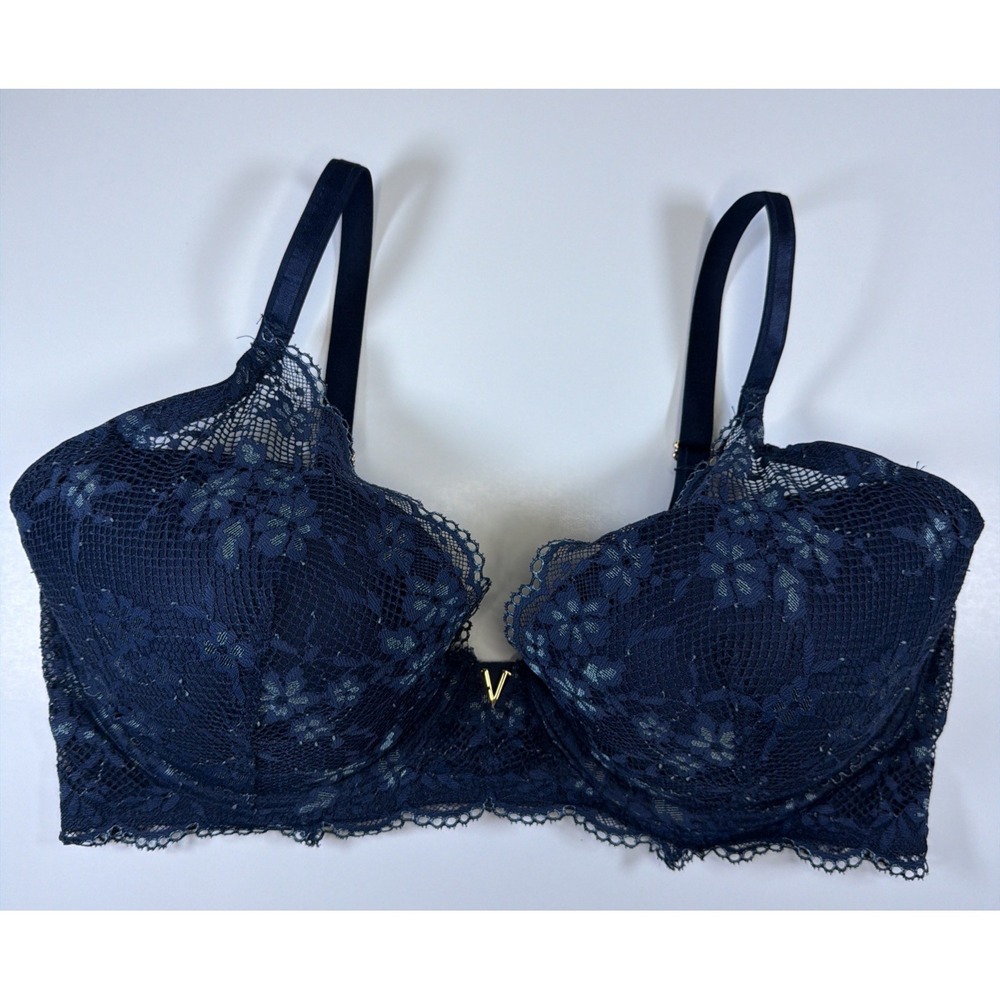 Victoria's Secret Bra 38DD Plunge Blue Lace Lightly Lined Underwired Floral